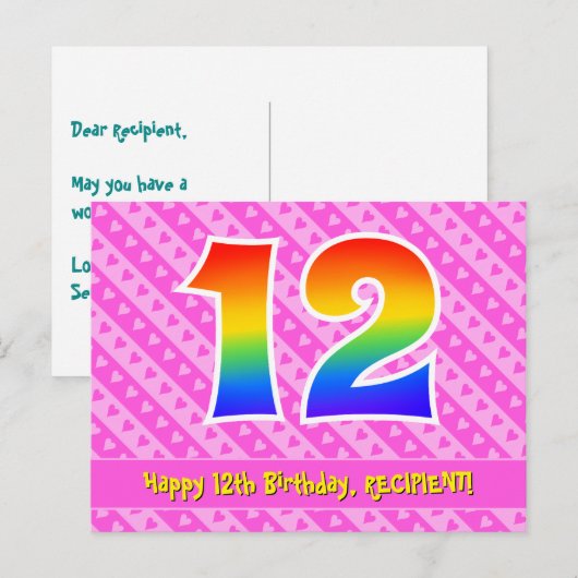 12e verjaardag: Pink Stripes & Hearts, Rainbow 12 Briefkaart (Voorkant / Achterkant)