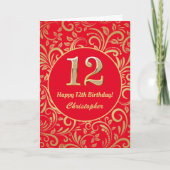 12e verjaardag Red en Gold Floral Pattern Kaart (Voorkant)