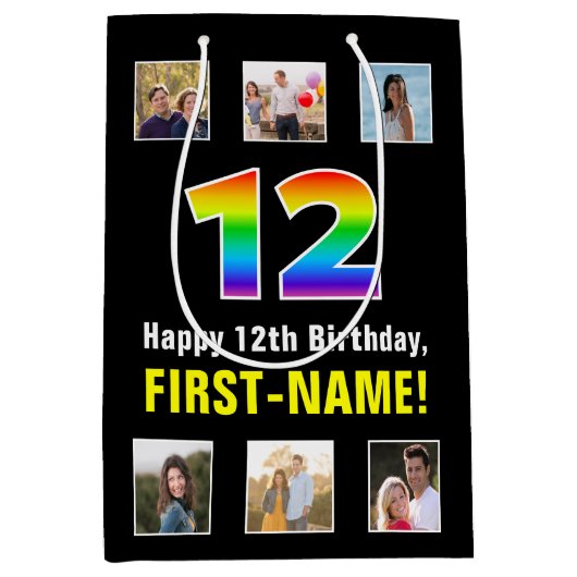 12e verjaardag: Regenboog "12", aangepaste foto's  Medium Cadeauzakje (Voorkant)