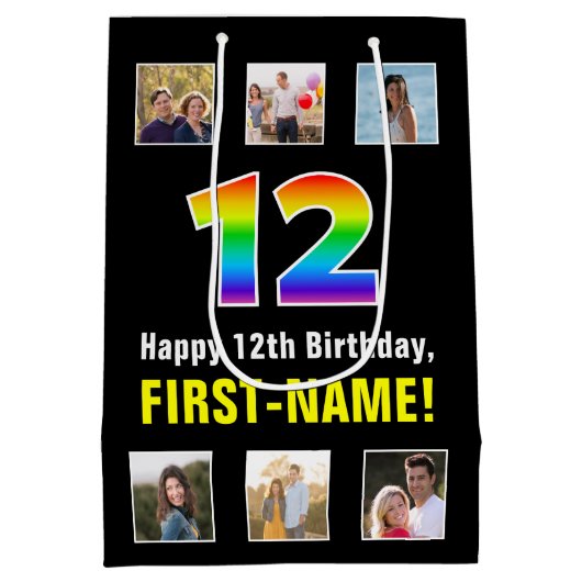 12e verjaardag: Regenboog "12", aangepaste foto's  Medium Cadeauzakje (Achterkant)