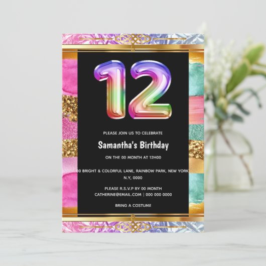 12e verjaardag regenboog glitter kleurrijk feest kaart (Staand voorkant)