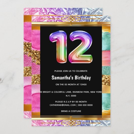 12e verjaardag regenboog glitter kleurrijk feest kaart (Voorkant / Achterkant)