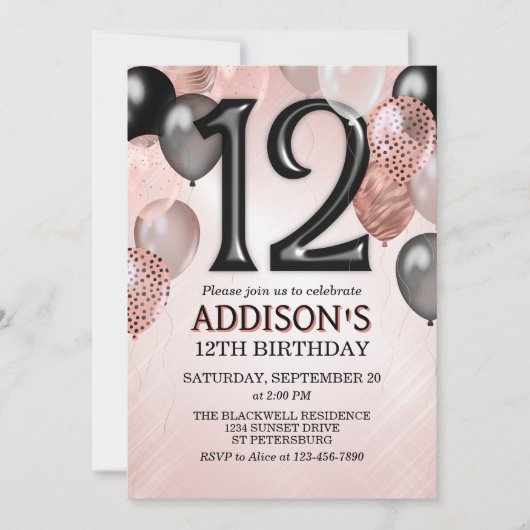 12e verjaardag Roos gouden ballonnen uitnodiging (Voorkant)