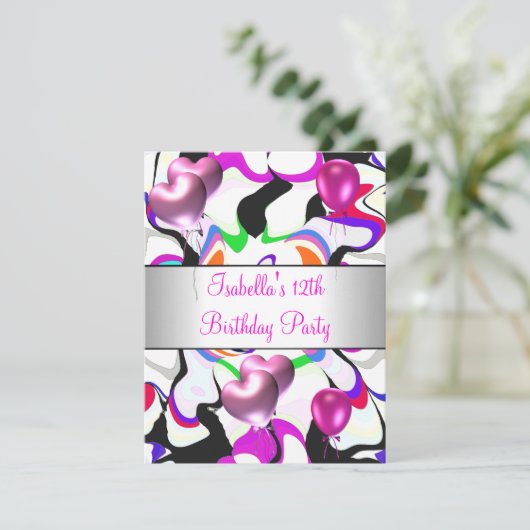 12e verjaardag Roze Abstracte zilveren ballonnen Kaart (Staand voorkant)