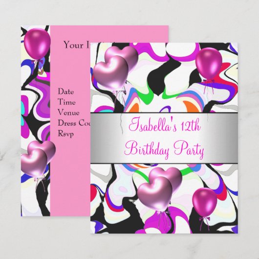 12e verjaardag Roze Abstracte zilveren ballonnen Kaart (Voorkant / Achterkant)