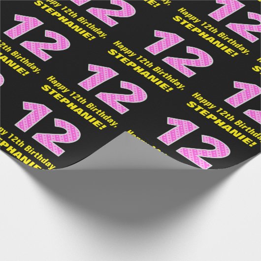 12e verjaardag: Roze strepen en hart "12" + naam Cadeaupapier (Hoek)