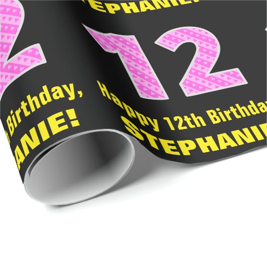 12e verjaardag: Roze strepen en hart "12" + naam Cadeaupapier (Rol Hoek)