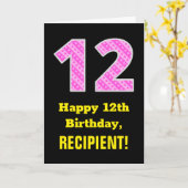 12e verjaardag: Roze strepen en hart "12" + naam Kaart (Gele Bloem)