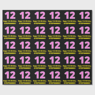 12e verjaardag: Roze strips en harten "12" + Naam Cadeaupapier