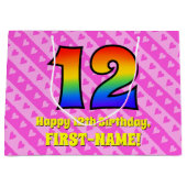 12e verjaardag: roze strips & harten, regenboognr. groot cadeauzakje (Voorkant)