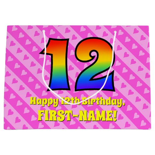 12e verjaardag: roze strips & harten, regenboognr. groot cadeauzakje (Voorkant)