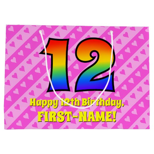 12e verjaardag: roze strips & harten, regenboognr. groot cadeauzakje (Achterkant)