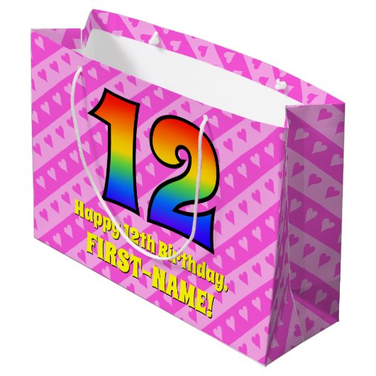 12e verjaardag: roze strips & harten, regenboognr. groot cadeauzakje (Achterkant Gekanteld)