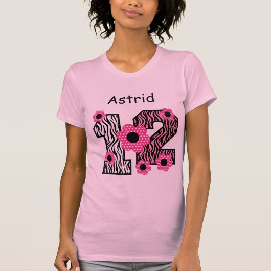 12e verjaardag Roze Zebra Aangepaste naam V025A4J2 T-shirt (Voorkant)