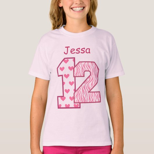 12e verjaardag Roze Zebra Aangepaste naam V025D T-shirt (Voorkant)
