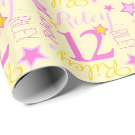 12e verjaardag ster aangepaste naam gele roze cadeaupapier