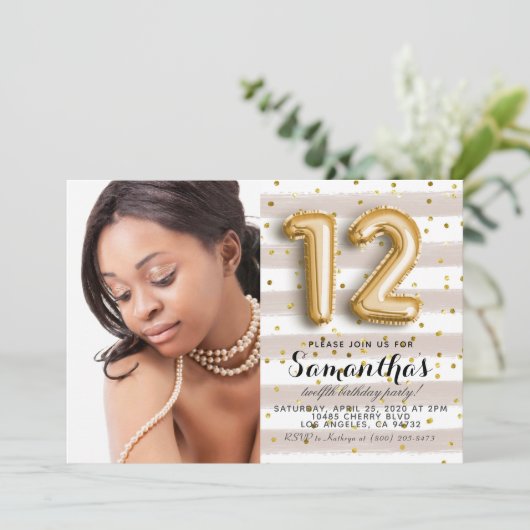 12e verjaardag Striped Gold-portret Kaart (Staand voorkant)