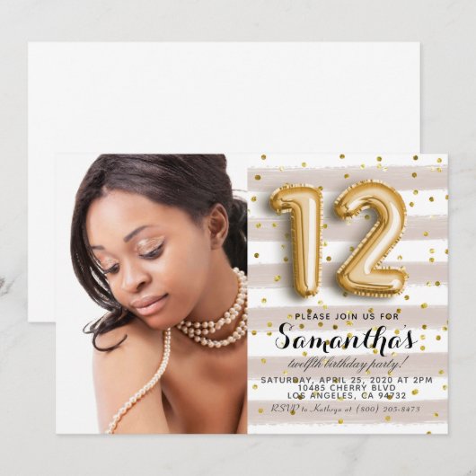 12e verjaardag Striped Gold-portret Kaart (Voorkant / Achterkant)