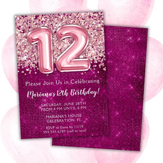 12e verjaardag uitnodiging magenta roze glitter
