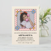 12e verjaardag uitnodiging Retro Groovy Blue Flora (Staand voorkant)