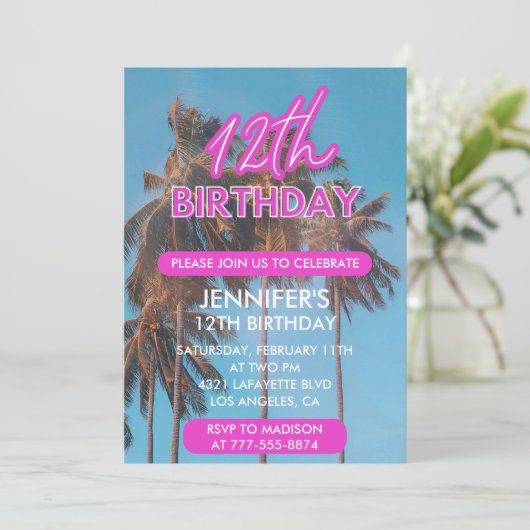 12e verjaardag uitnodiging Zomer Roze Palm boom (Staand voorkant)
