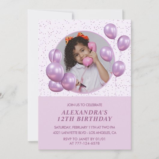12e verjaardag Uitnodigingen Ballonnen Foto Paarse (Voorkant)