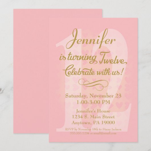 12e verjaardag Uitnodigingsmeisjes Roze Gold Heart Kaart (Voorkant / Achterkant)