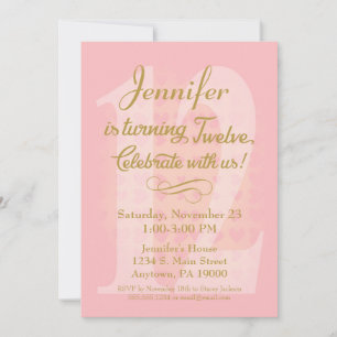 12e verjaardag Uitnodigingsmeisjes Roze Gold Heart Kaart