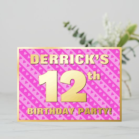 12e verjaardag van de opstand - vuurroze harten en folie uitnodiging (Staand Voorkant)