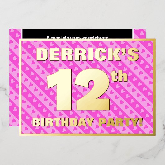 12e verjaardag van de opstand - vuurroze harten en folie uitnodiging (Voorkant / Achterkant)
