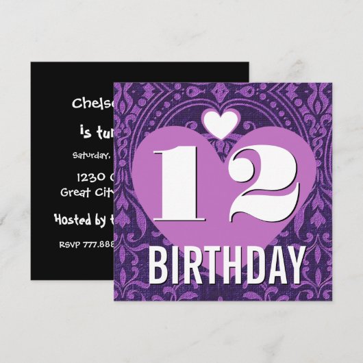 12e verjaardag van het Paarse Damask V20 Kaart (Voorkant / Achterkant)