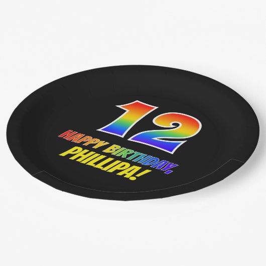 12e verjaardag: Vet, Vun, eenvoudig, regenboog 12 Papieren Bordje (Gekanteld)