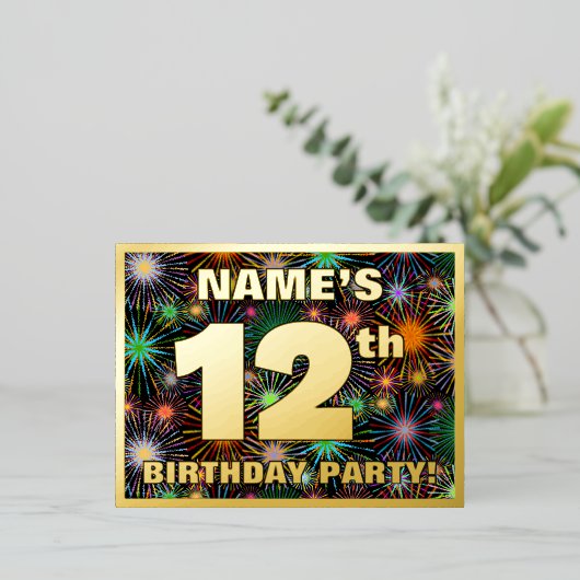 12e verjaardag: Vette, kleurrijke Fireworks-look Folie Uitnodiging Briefkaart (Staand Voorkant)