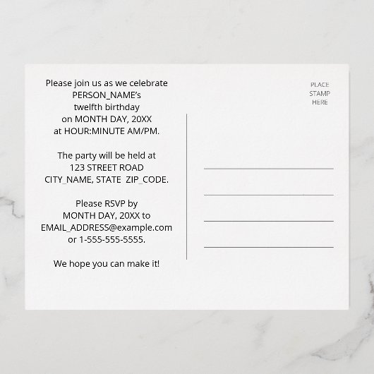 12e verjaardag: Vette, kleurrijke Fireworks-look Folie Uitnodiging Briefkaart (Achterkant)