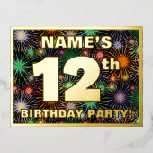 12e verjaardag: Vette, kleurrijke Fireworks-look Folie Uitnodiging Briefkaart (Voorkant)
