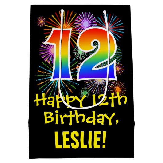 12e verjaardag: Vuurwapenpatroon en regenboog 12 Medium Cadeauzakje (Achterkant)