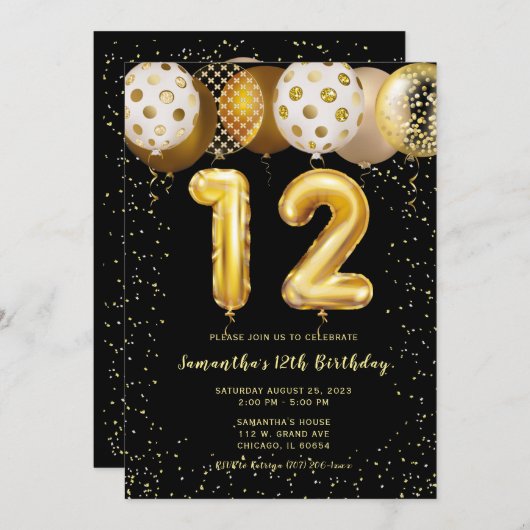 12e verjaardag zwarte gouduitnodiging kaart (Voorkant / Achterkant)