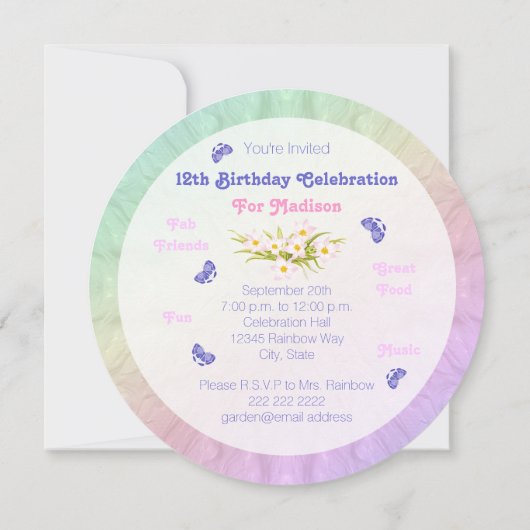 12e verjaardagsfeest Butterfly Rainbow Uitnodiging (Achterkant)