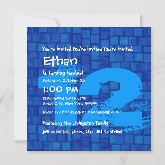 12e Verjaardagsfeest Grunge BLUE Z12B Kaart (Achterkant)