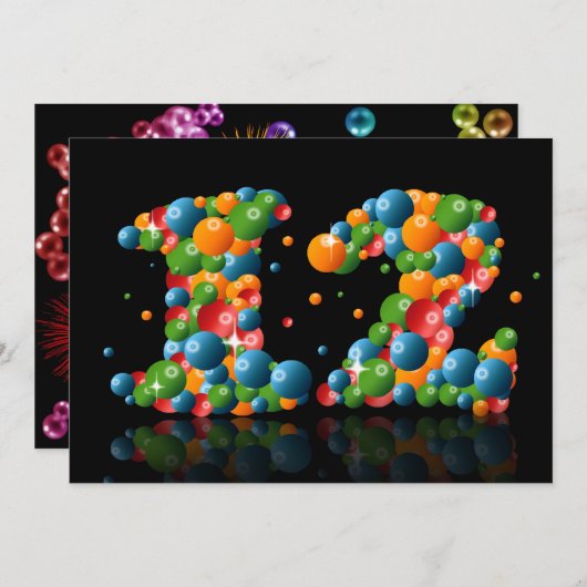 12e verjaardagsfeest, met bubbels en ballen kaart (Voorkant / Achterkant)