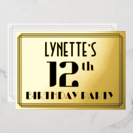 12e verjaardagsfeestje: Art Deco-look “12” en naam Folie Uitnodiging