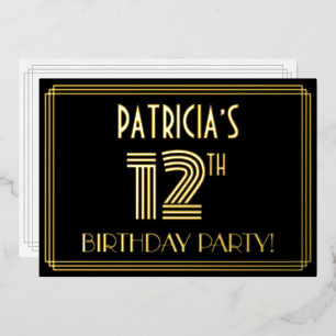 12e verjaardagsfeestje — Art Deco-stijl “12” + naa Folie Uitnodiging