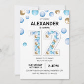 12e verjaardagsfeestje, blauwe en gouden ballon jo kaart (Voorkant)