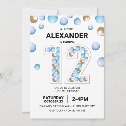 12e verjaardagsfeestje, blauwe en gouden ballon jo kaart (Voorkant)