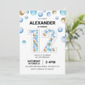 12e verjaardagsfeestje, blauwe en gouden ballon jo kaart (Staand voorkant)