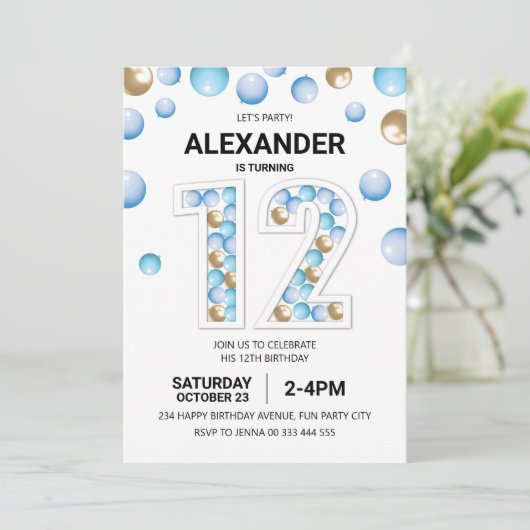 12e verjaardagsfeestje, blauwe en gouden ballon jo kaart (Staand voorkant)