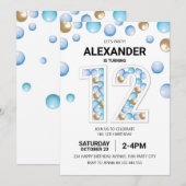 12e verjaardagsfeestje, blauwe en gouden ballon jo kaart (Voorkant / Achterkant)