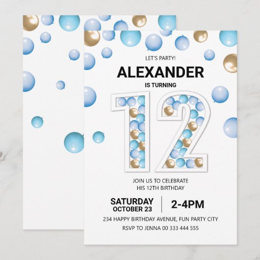 12e verjaardagsfeestje, blauwe en gouden ballon jo kaart (Voorkant / Achterkant)