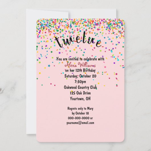 12e verjaardagsfeestje confetti uitnodiging (Voorkant)