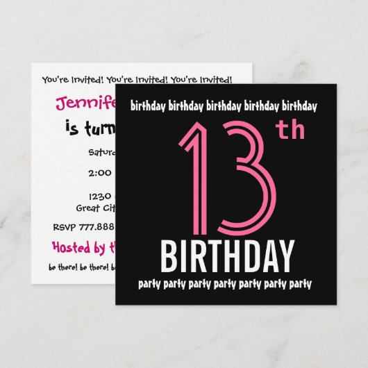 12e Verjaardagsfeestje Uitnodiging Sjabloon Roze Z (Voorkant / Achterkant)